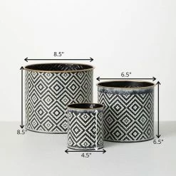 SULLIVANS Black and White Gemoetric Pattern Metal Planter (Set of 3) -VIGORO Sales black and white patterned sullivans plant pots met1828 fa 1000