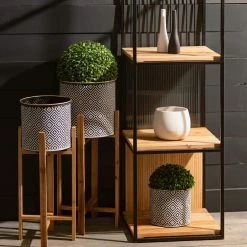 SULLIVANS Black and White Gemoetric Pattern Metal Planter on Stand (Set of 2) -VIGORO Sales black and white patterned sullivans plant pots met1830 1f 1000