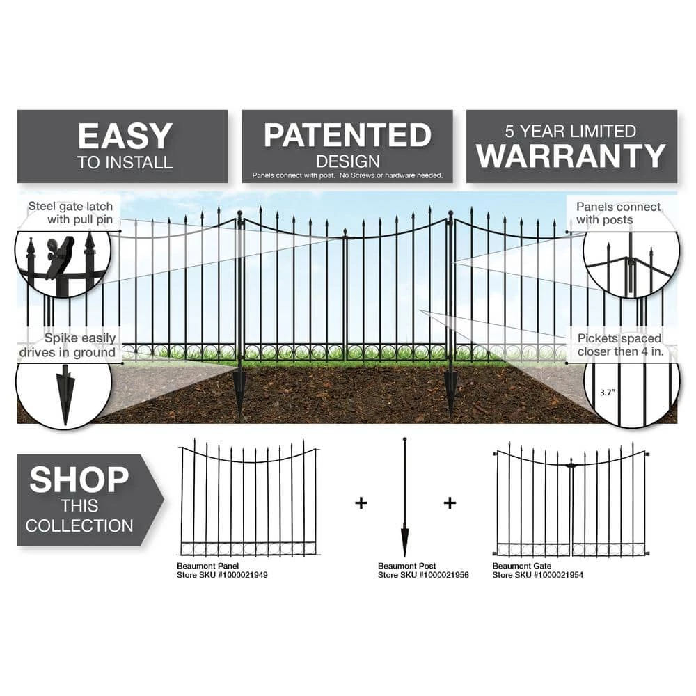Vigoro Beaumont No Dig 40.4 in. H x 53.7 in. W Black Steel Decorative Fence Gate 12 Vigoro Beaumont No Dig 40.4 in. H x 53.7 in. W Black Steel Decorative Fence Gate - Image 10
