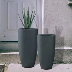 KANTE 31.4" and 23.6"H Charcoal Finish Concrete Tall Planters (Set of 2), Large Outdoor Indoor w/Drainage Hole & Rubber Plug -VIGORO Sales charcoal kante plant pots rc0099ab c60121 fa 1000