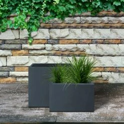 KANTE 23.6" and 19.4"L Rectangular Charcoal Finish Lightweight Concrete Long Planter w/ Drainage Hole Set of 2 Outdoor/Indoor -VIGORO Sales charcoal kante plant pots rf0146sa c60121 76 1000
