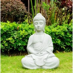 KANTE 25.6 in. H Natural Concrete/Fiberglass Indoor Outdoor Sitting Meditating Zen Buddha Statue -VIGORO Sales kante garden statues osp141006 c80021 c3 1000