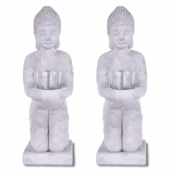 KANTE 12.8 in. H Gray Cement Buddha Garden Statue Tealight Candle Holder Ornament (2-Pack)