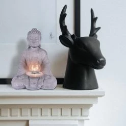KANTE 14.17 in. H Gray Cement Meditating Buddha Garden Statue Tealight Candle Holder Ornament -VIGORO Sales kante garden statues sx20200179 4f 1000