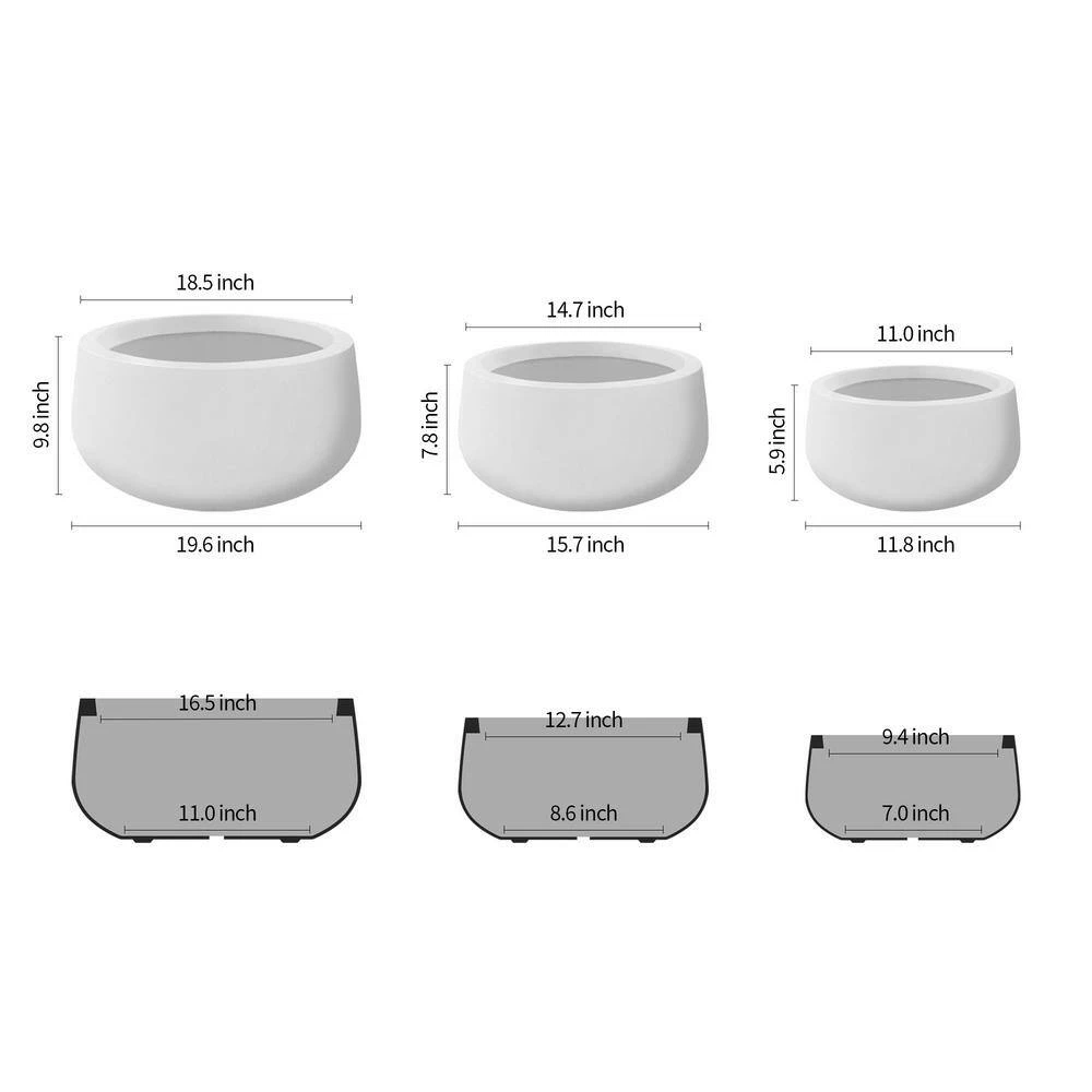 KANTE 19.6 in., 15.7 in. & 11.8 in. W Round Pure White Concrete Elegant Planters Set of 3, Outdoor Indoor w/Drainage Holes 5 KANTE 19.6 in., 15.7 in. & 11.8 in. W Round Pure White Concrete Elegant Planters Set of 3, Outdoor Indoor w/Drainage Holes - Image 3