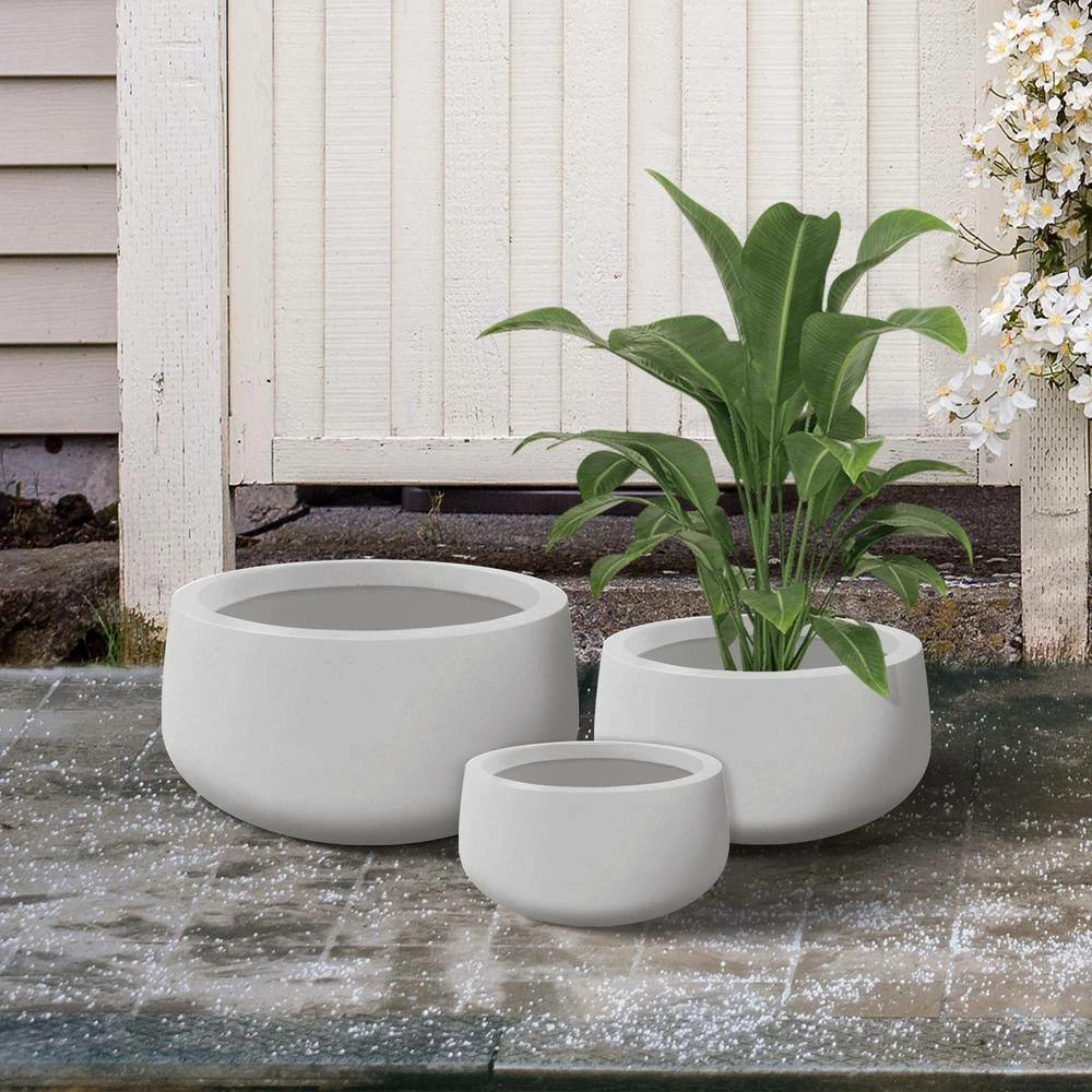 KANTE 19.6 in., 15.7 in. & 11.8 in. W Round Pure White Concrete Elegant Planters Set of 3, Outdoor Indoor w/Drainage Holes 9 KANTE 19.6 in., 15.7 in. & 11.8 in. W Round Pure White Concrete Elegant Planters Set of 3, Outdoor Indoor w/Drainage Holes - Image 7