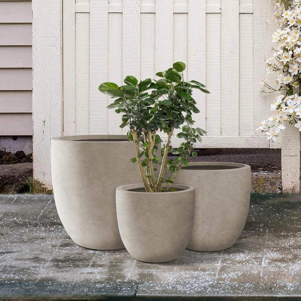 KANTE 22.4", 20.4" and 18.1"H Round Weathered Finish Concrete Planters Set of 3, Outdoor Indoor w/Drainage Hole & Rubber Plug 11 KANTE 22.4", 20.4" and 18.1"H Round Weathered Finish Concrete Planters Set of 3, Outdoor Indoor w/Drainage Hole & Rubber Plug - Image 9