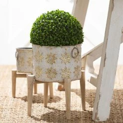 SULLIVANS White and Gold Flower Burst Metal Planter on Stand (Set of 3) -VIGORO Sales white and gold patterned sullivans plant pots met1880 4f 1000