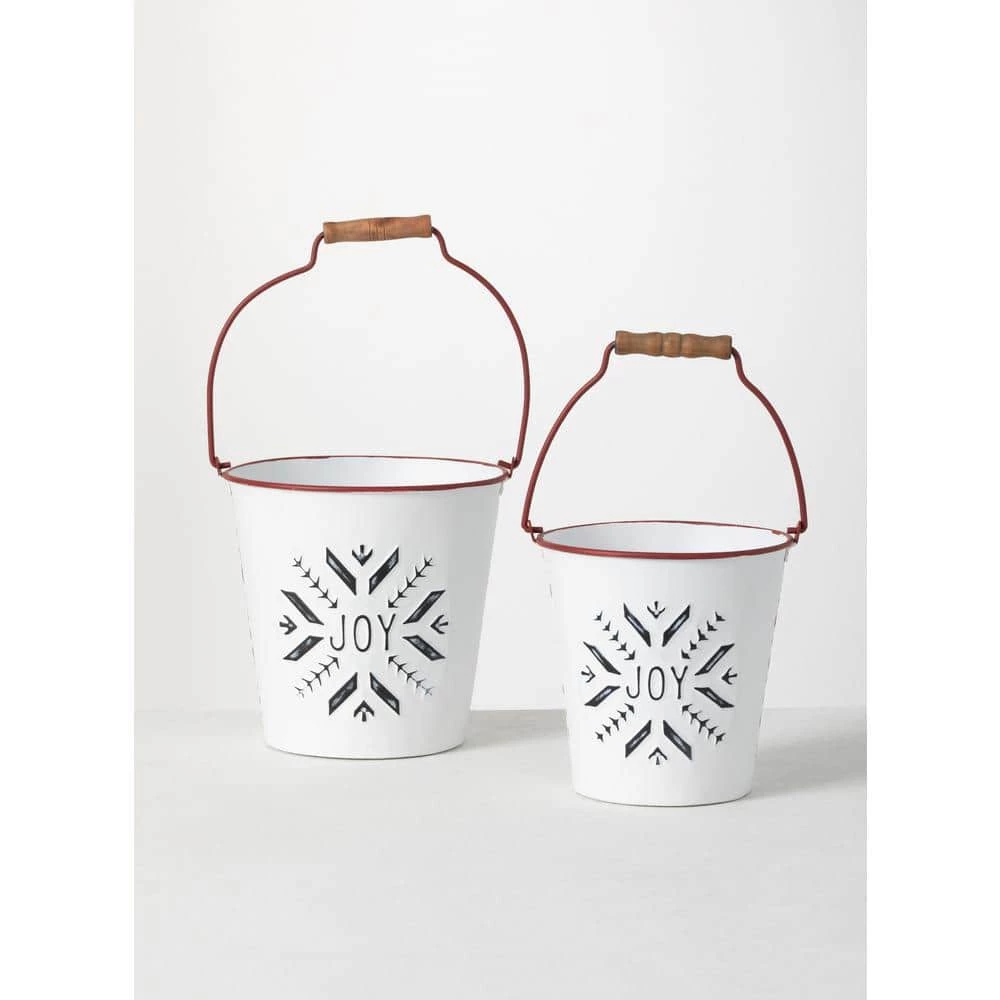 SULLIVANS White Joy Snowflake Metal Bucket (Set of 2) 3 SULLIVANS White Joy Snowflake Metal Bucket (Set of 2)