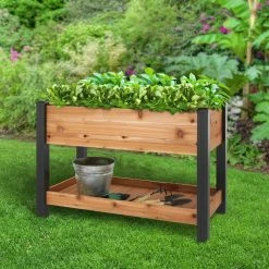 Vigoro 2 ft. x 4 ft. Elevated Cedar Garden Bed with Shelf (Vinyl Legs) -VIGORO Sales wood vigoro raised planter boxes 445190 4f 1000