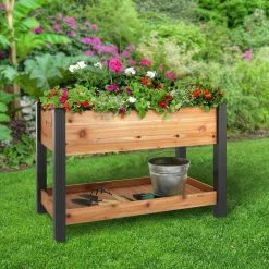 Vigoro 2 ft. x 4 ft. Elevated Cedar Garden Bed with Shelf (Vinyl Legs) -VIGORO Sales wood vigoro raised planter boxes 445190 c3 1000